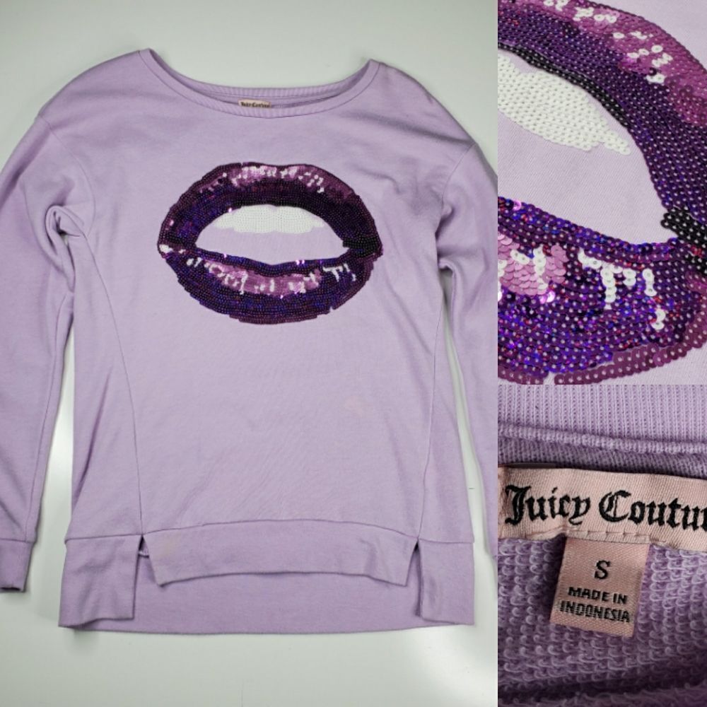 JUICY COUTURE oversized SEQUIN LIPS FRENCH TERRY Purple sweatshirt SWEATER small